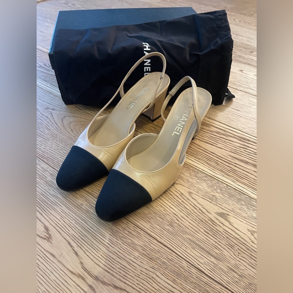 Chanel beige/black sling black block heels